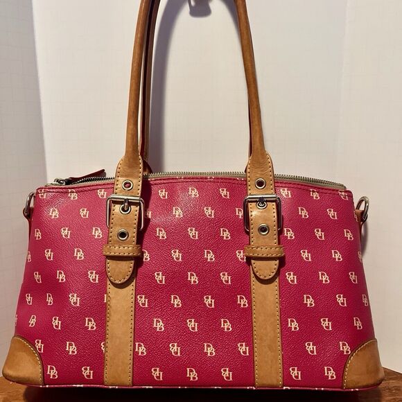 Dooney & Bourke Pebble Leather Satchel Berry Pink DB Logo Coquette Bag Tan Trim - Picture 1 of 13